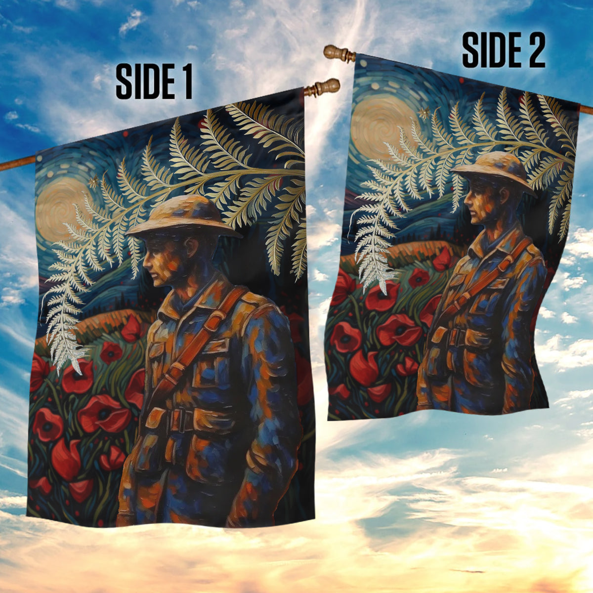 New Zealand Soldier ANZAC Day Garden Flag Silver Fern Starry Night Style