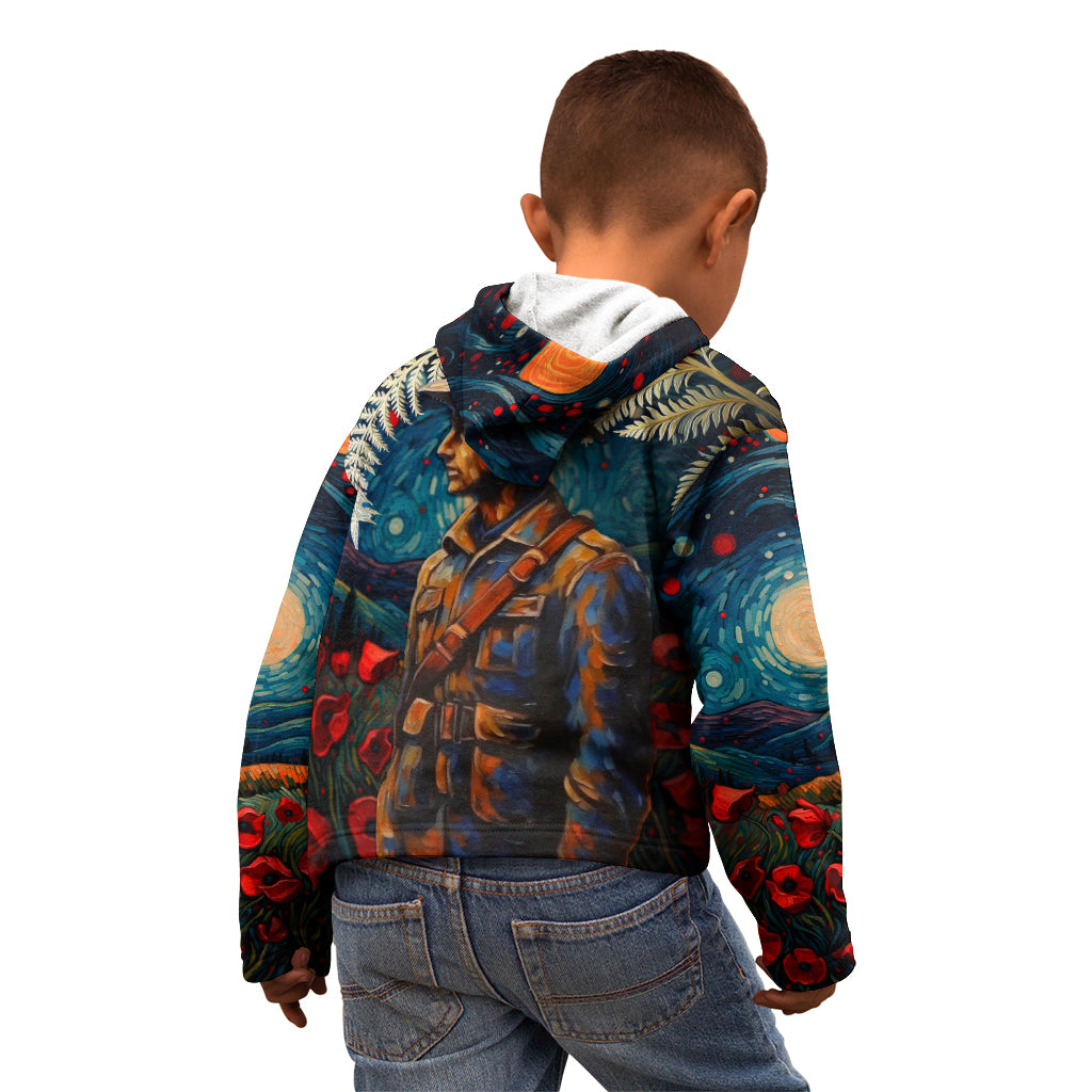 New Zealand Soldier ANZAC Day Kid Hoodie Silver Fern Starry Night Style