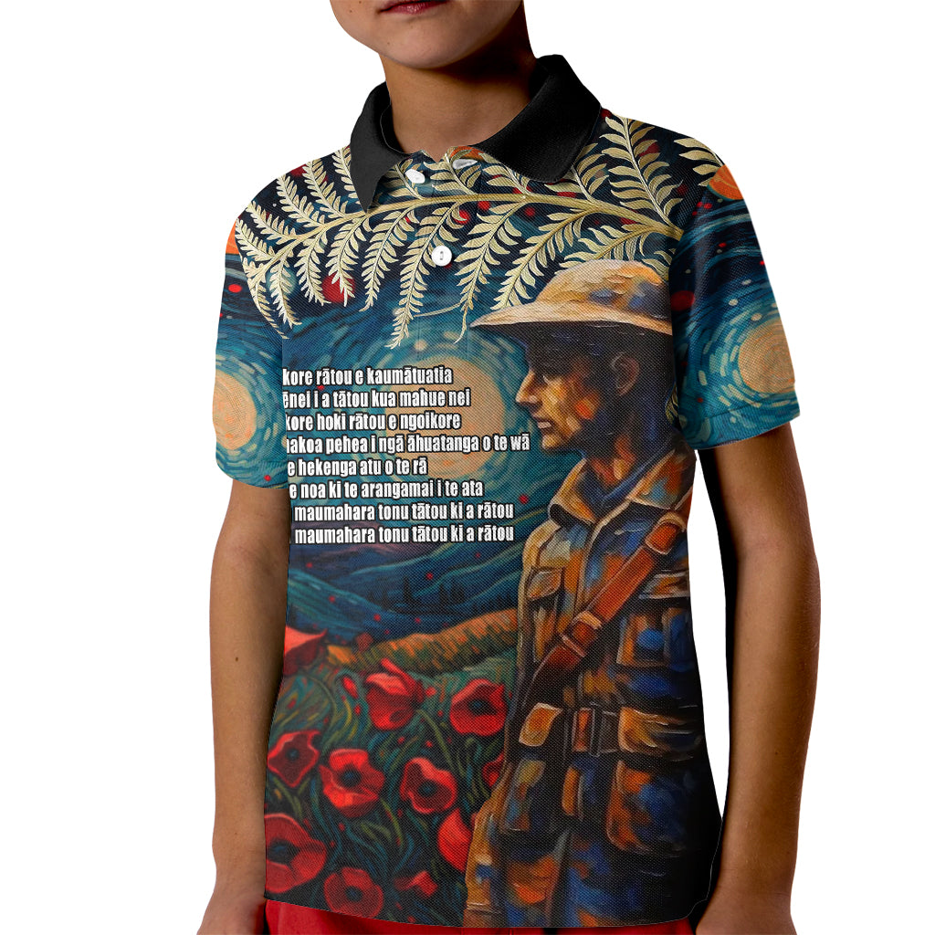 New Zealand Soldier ANZAC Day Kid Polo Shirt Silver Fern Starry Night Style