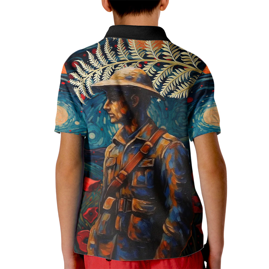 New Zealand Soldier ANZAC Day Kid Polo Shirt Silver Fern Starry Night Style