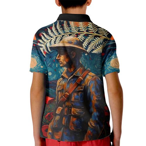 New Zealand Soldier ANZAC Day Kid Polo Shirt Silver Fern Starry Night Style