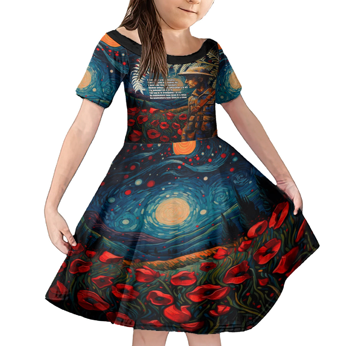 New Zealand Soldier ANZAC Day Kid Short Sleeve Dress Silver Fern Starry Night Style