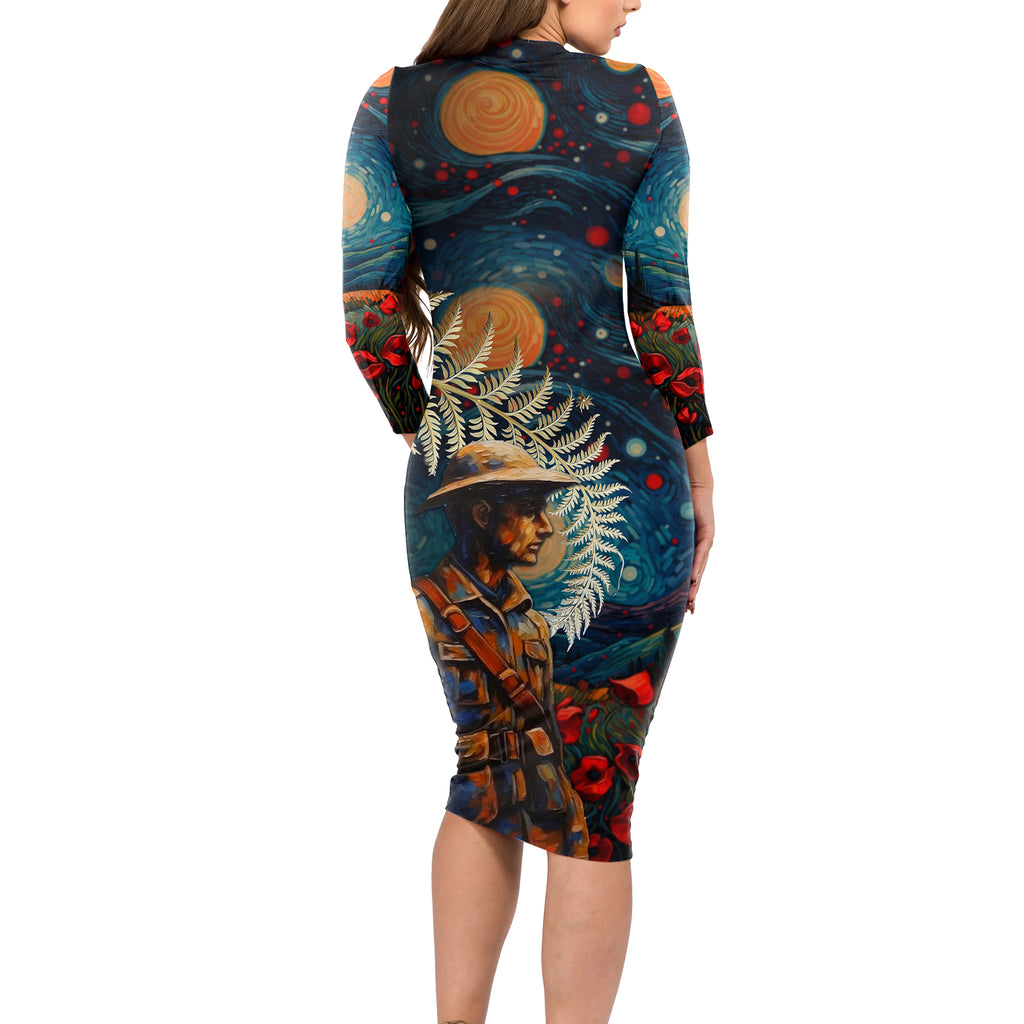 New Zealand Soldier ANZAC Day Long Sleeve Bodycon Dress Silver Fern Starry Night Style