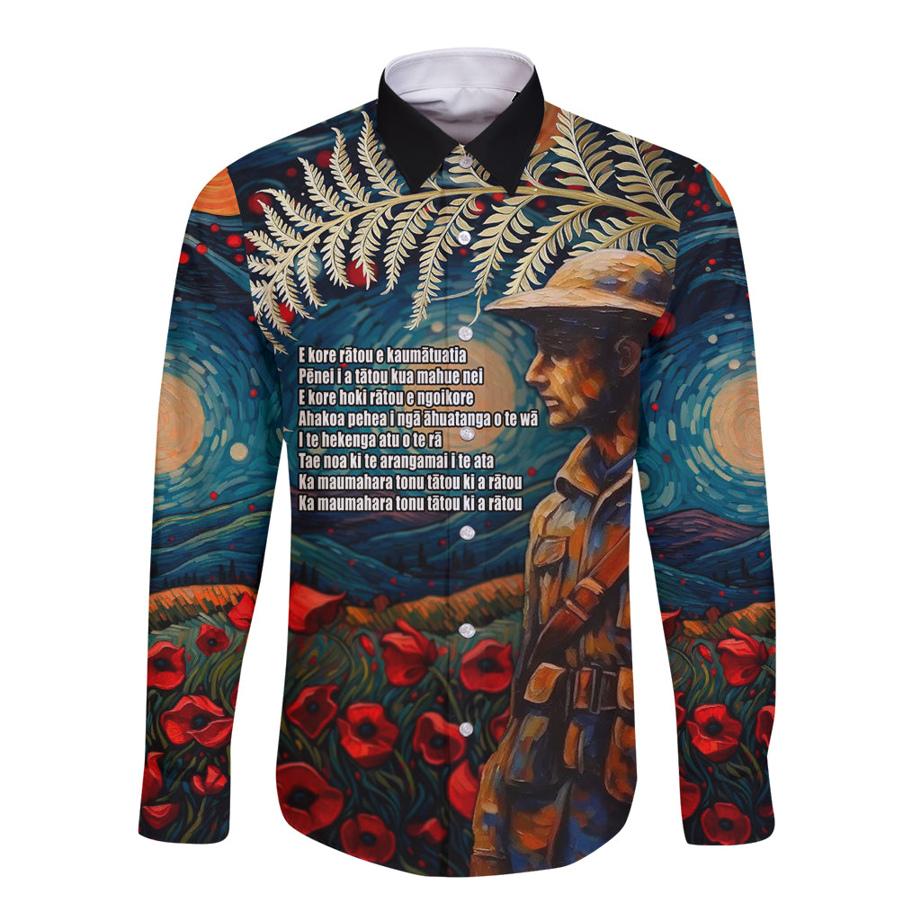 New Zealand Soldier ANZAC Day Long Sleeve Button Shirt Silver Fern Starry Night Style