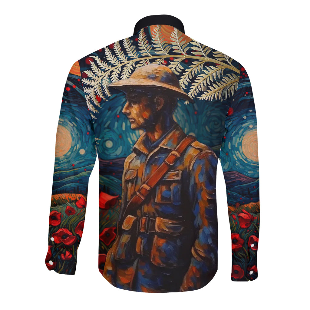 New Zealand Soldier ANZAC Day Long Sleeve Button Shirt Silver Fern Starry Night Style