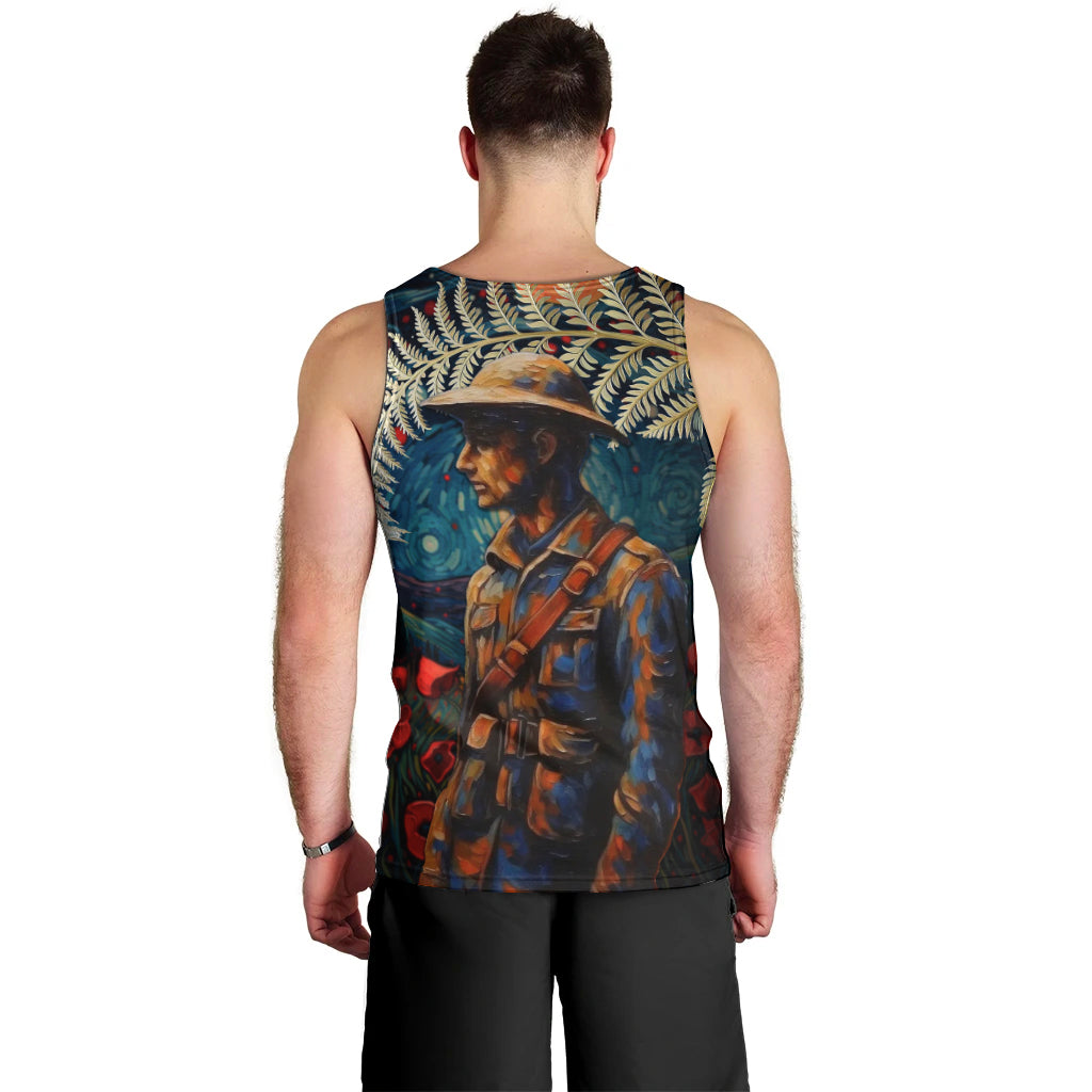 New Zealand Soldier ANZAC Day Men Tank Top Silver Fern Starry Night Style