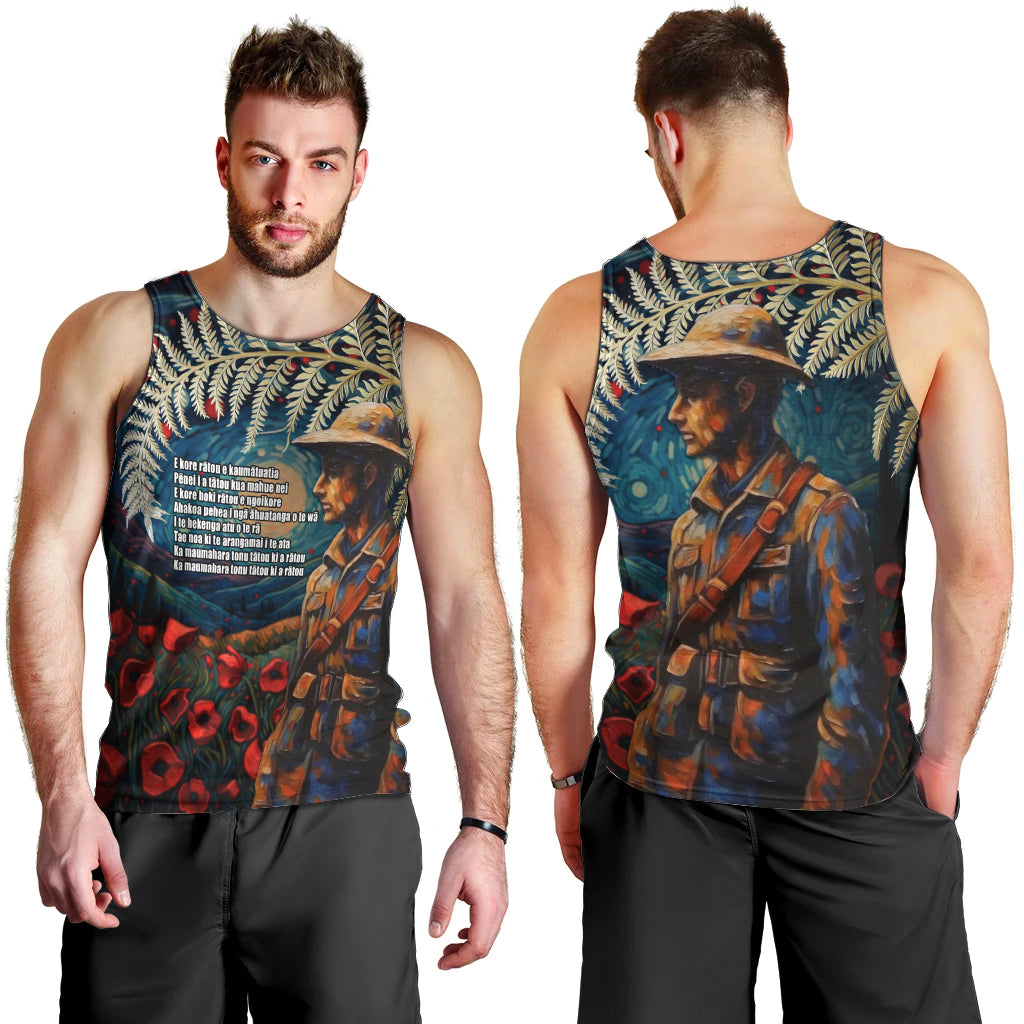 New Zealand Soldier ANZAC Day Men Tank Top Silver Fern Starry Night Style