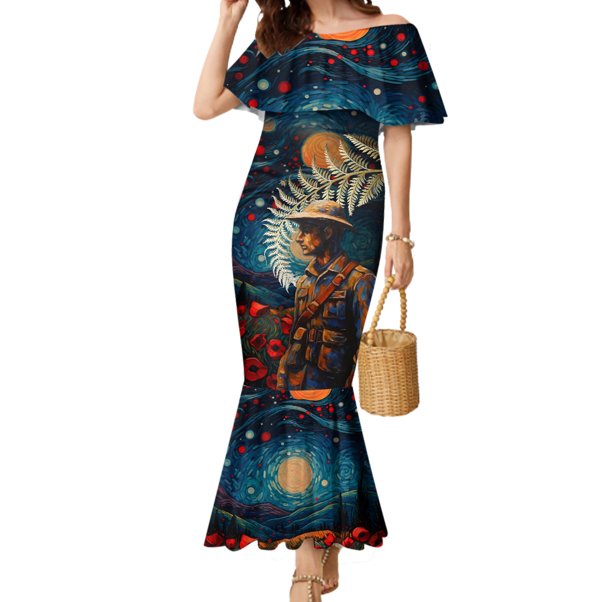 New Zealand Soldier ANZAC Day Mermaid Dress Silver Fern Starry Night Style