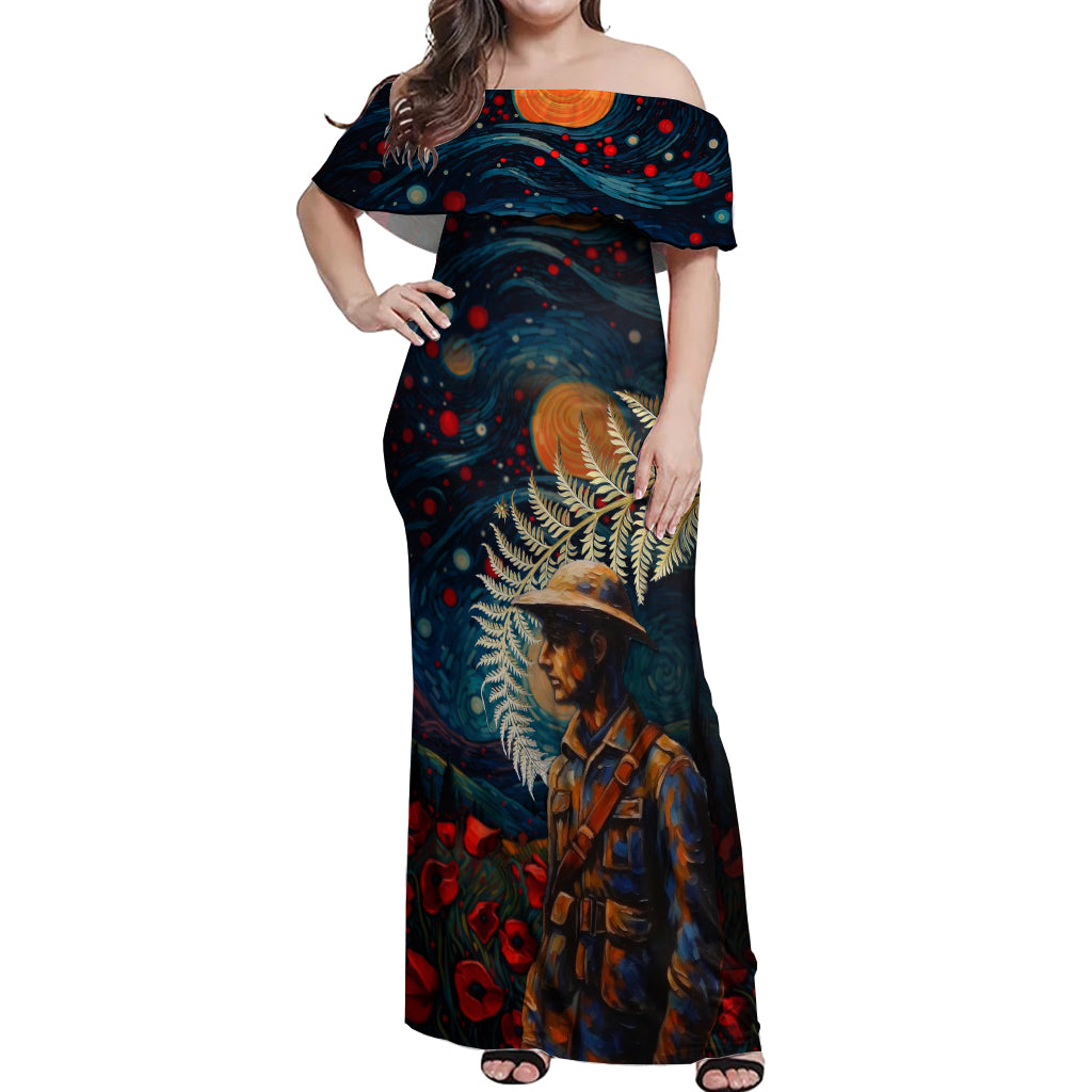 New Zealand Soldier ANZAC Day Off Shoulder Maxi Dress Silver Fern Starry Night Style