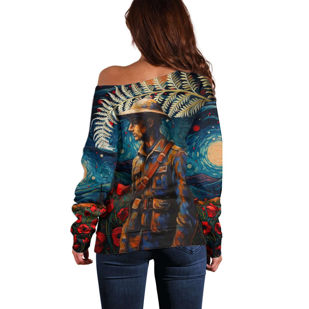 New Zealand Soldier ANZAC Day Off Shoulder Sweater Silver Fern Starry Night Style