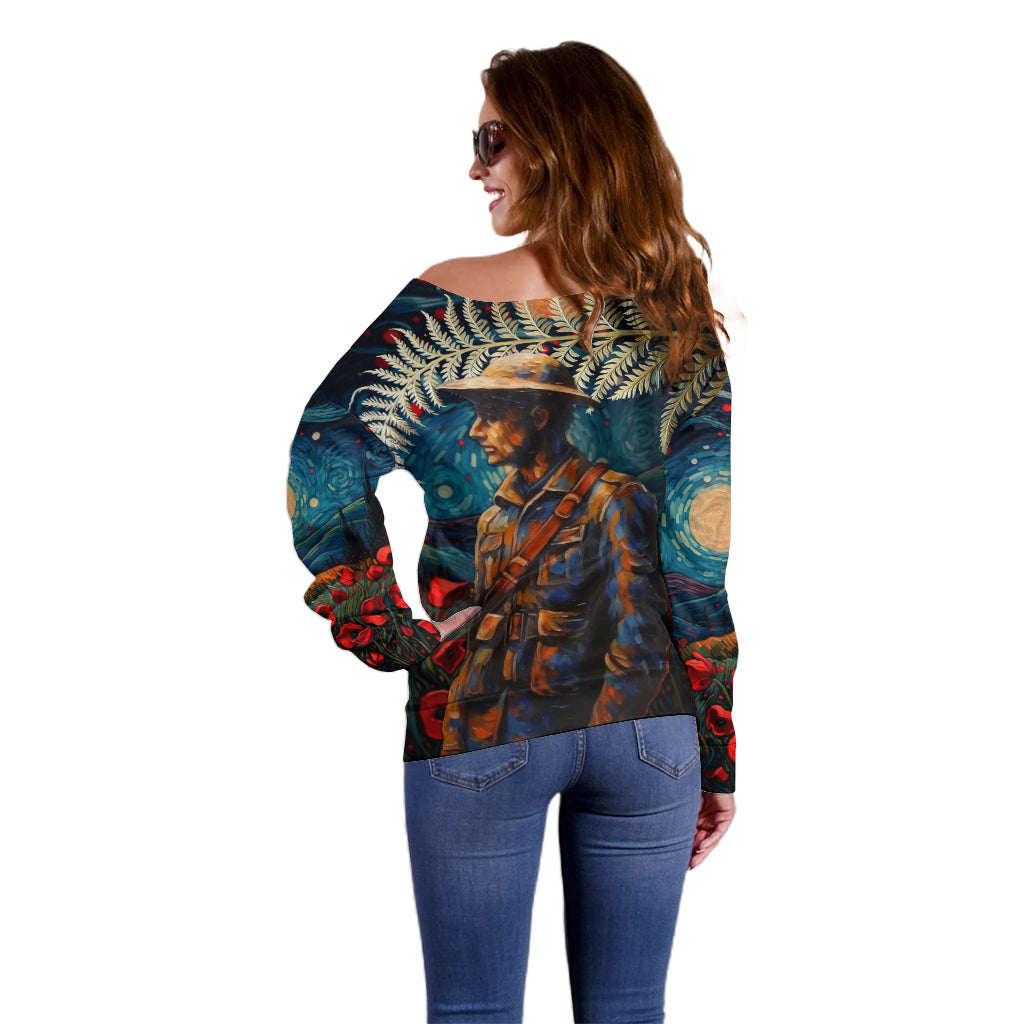 New Zealand Soldier ANZAC Day Off Shoulder Sweater Silver Fern Starry Night Style