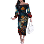 New Zealand Soldier ANZAC Day Off The Shoulder Long Sleeve Dress Silver Fern Starry Night Style