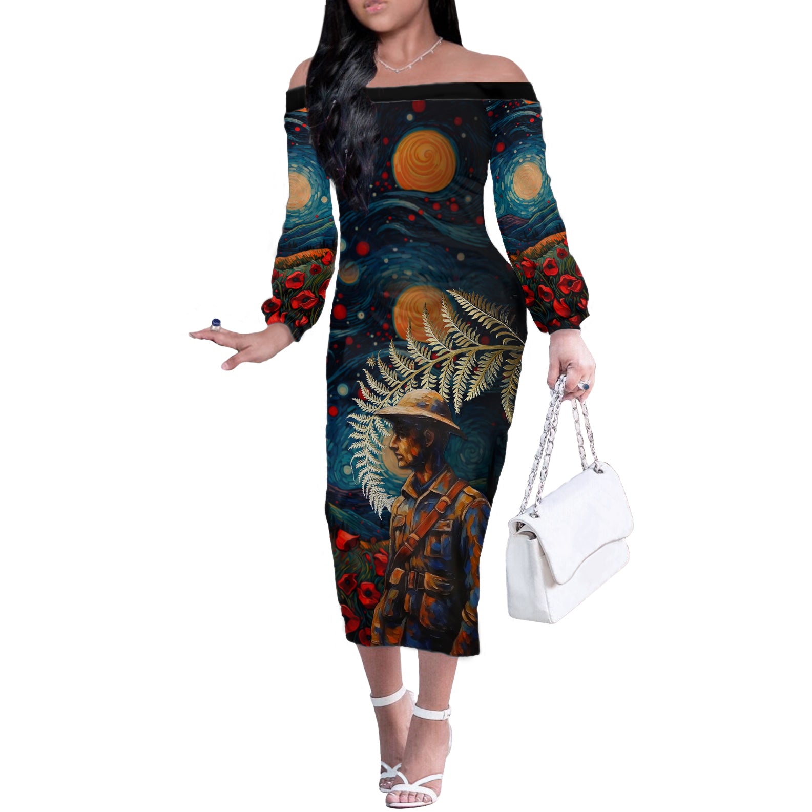 New Zealand Soldier ANZAC Day Off The Shoulder Long Sleeve Dress Silver Fern Starry Night Style