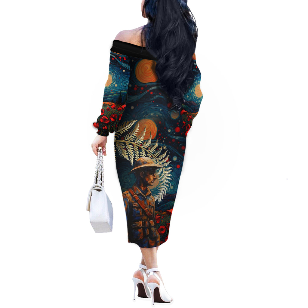New Zealand Soldier ANZAC Day Off The Shoulder Long Sleeve Dress Silver Fern Starry Night Style