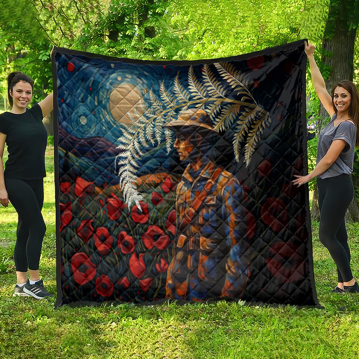 New Zealand Soldier ANZAC Day Quilt Silver Fern Starry Night Style