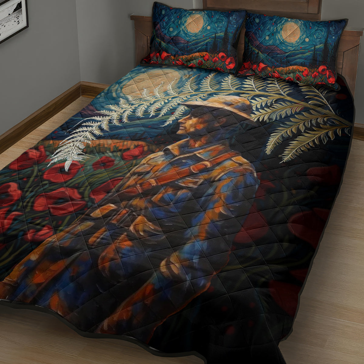 New Zealand Soldier ANZAC Day Quilt Bed Set Silver Fern Starry Night Style