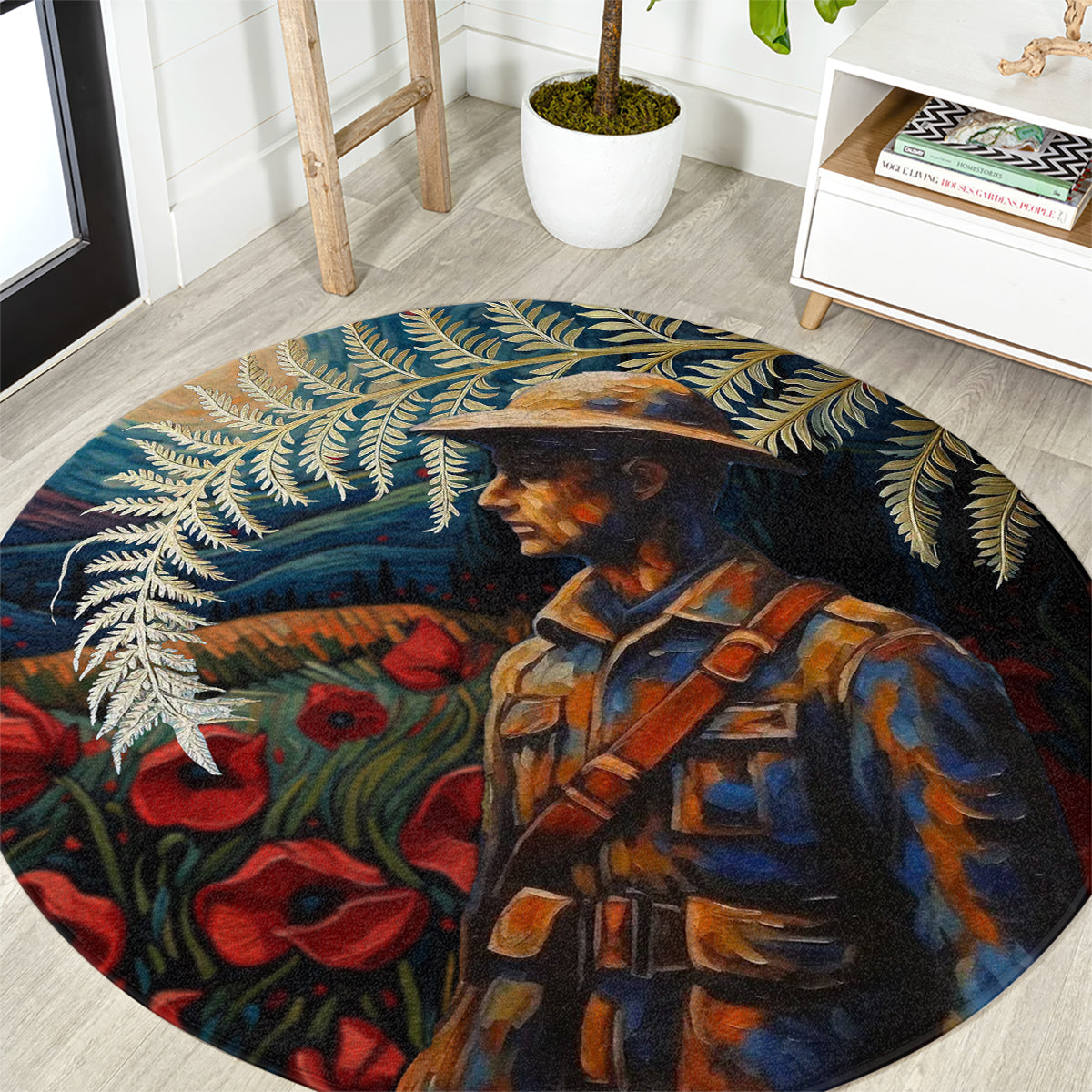 New Zealand Soldier ANZAC Day Round Carpet Silver Fern Starry Night Style