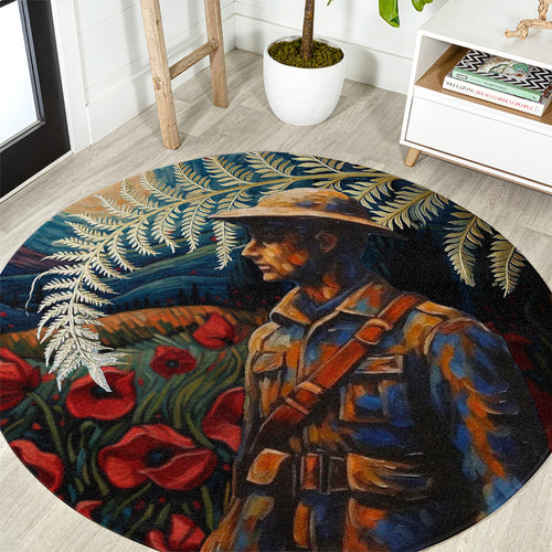 New Zealand Soldier ANZAC Day Round Carpet Silver Fern Starry Night Style