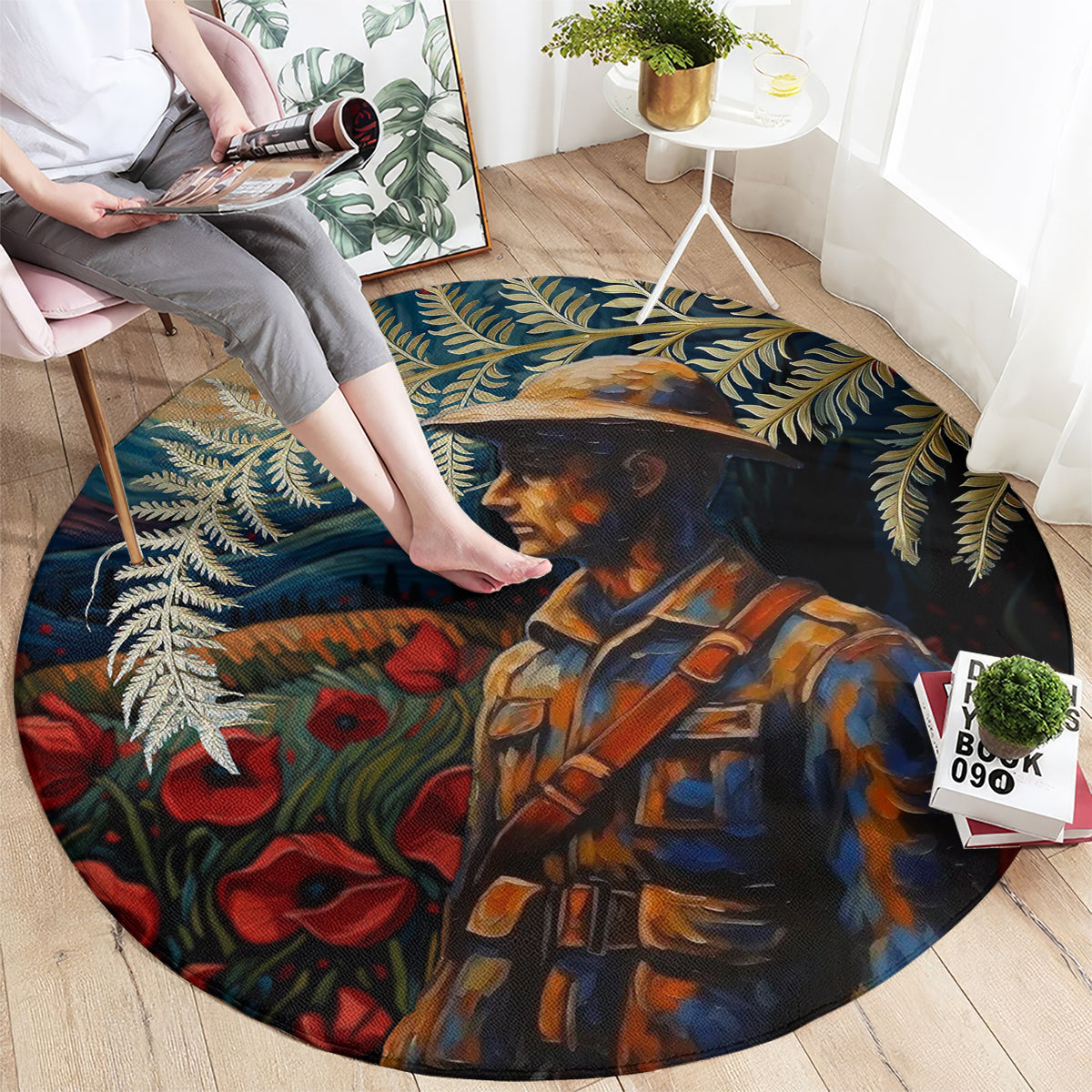 New Zealand Soldier ANZAC Day Round Carpet Silver Fern Starry Night Style