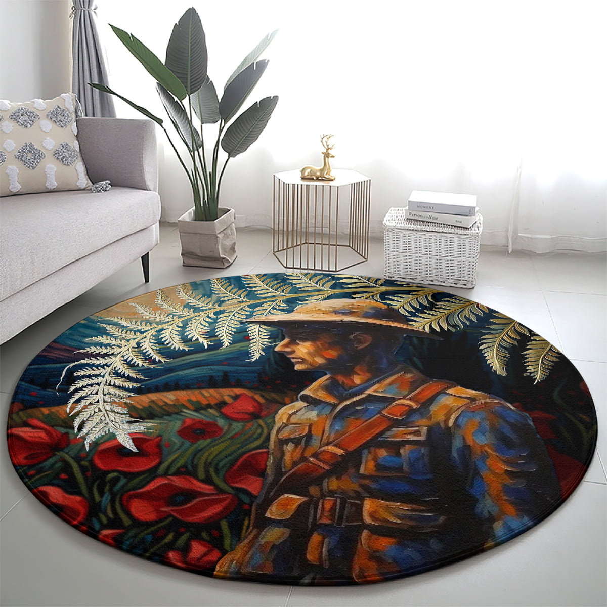 New Zealand Soldier ANZAC Day Round Carpet Silver Fern Starry Night Style
