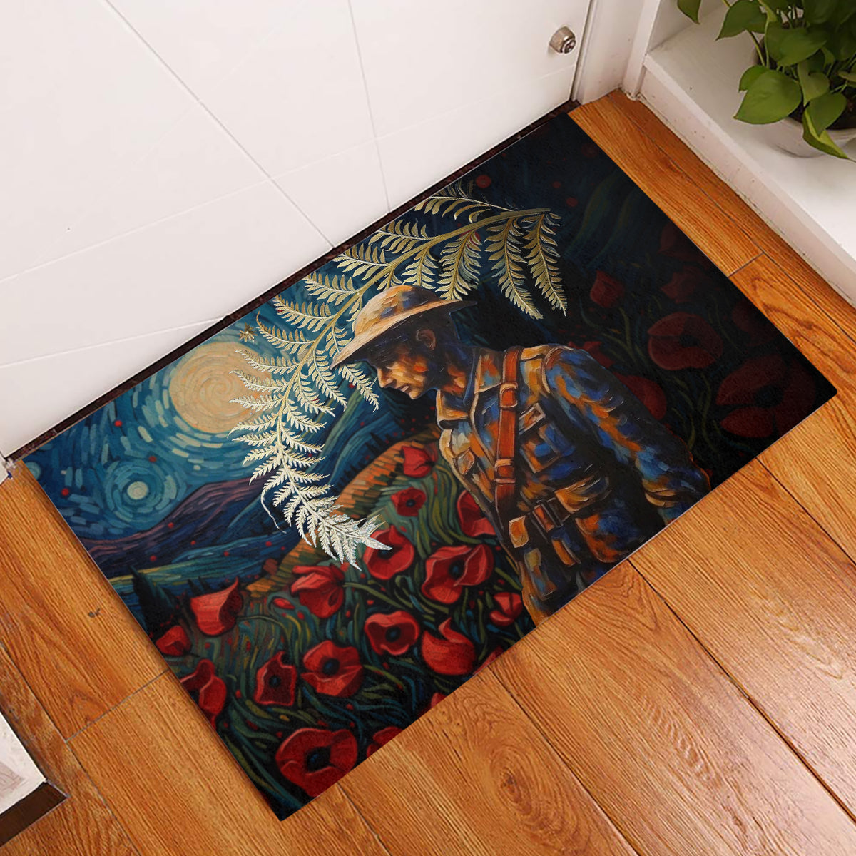 New Zealand Soldier ANZAC Day Rubber Doormat Silver Fern Starry Night Style