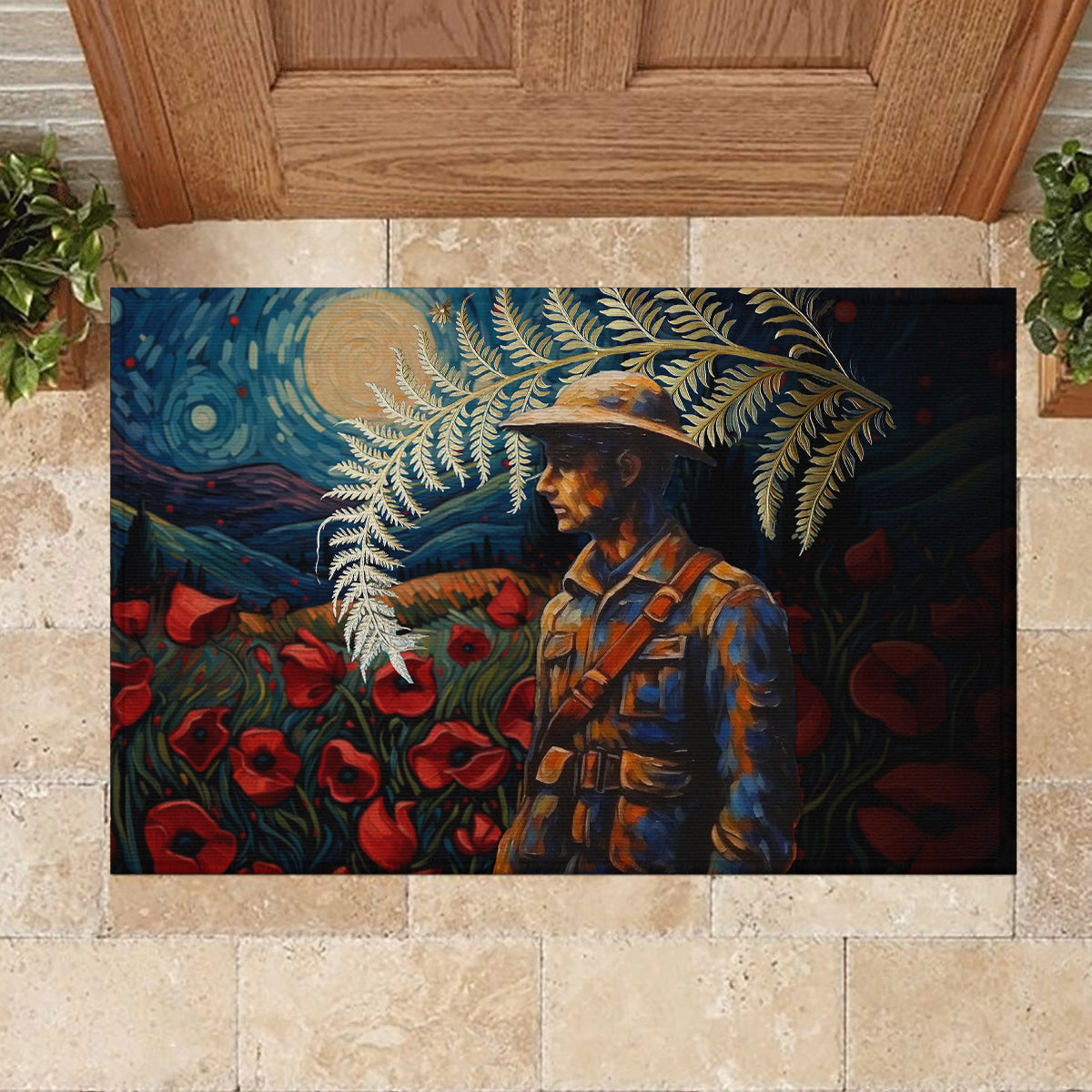 New Zealand Soldier ANZAC Day Rubber Doormat Silver Fern Starry Night Style