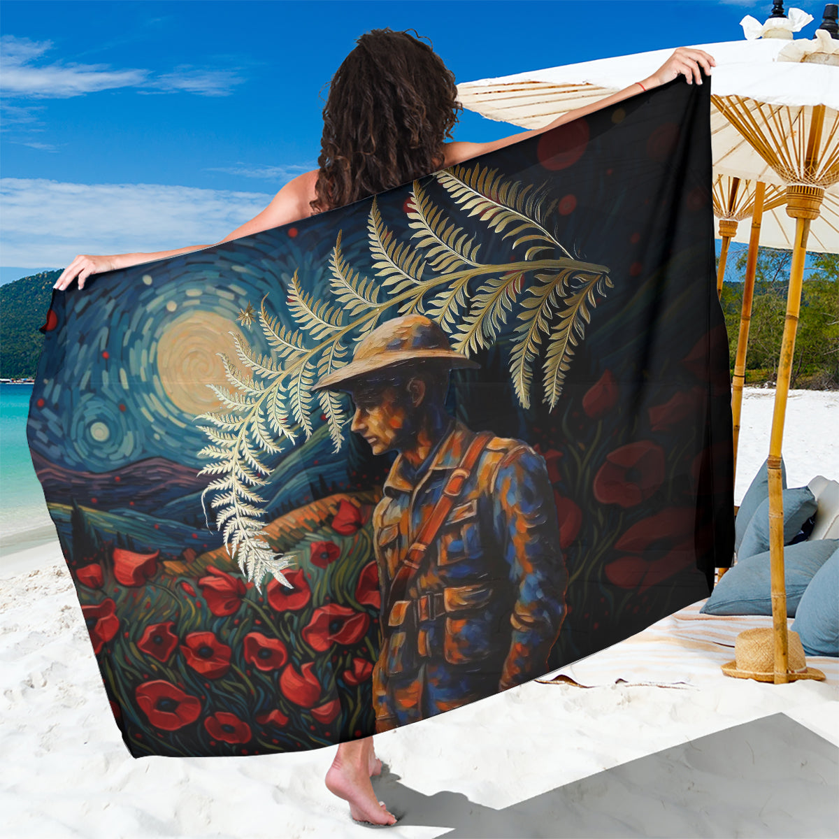 New Zealand Soldier ANZAC Day Sarong Silver Fern Starry Night Style