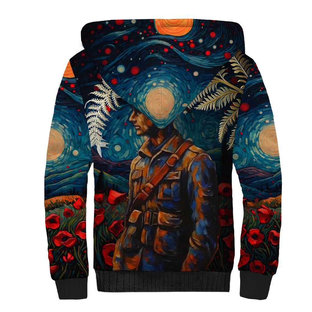 New Zealand Soldier ANZAC Day Sherpa Hoodie Silver Fern Starry Night Style