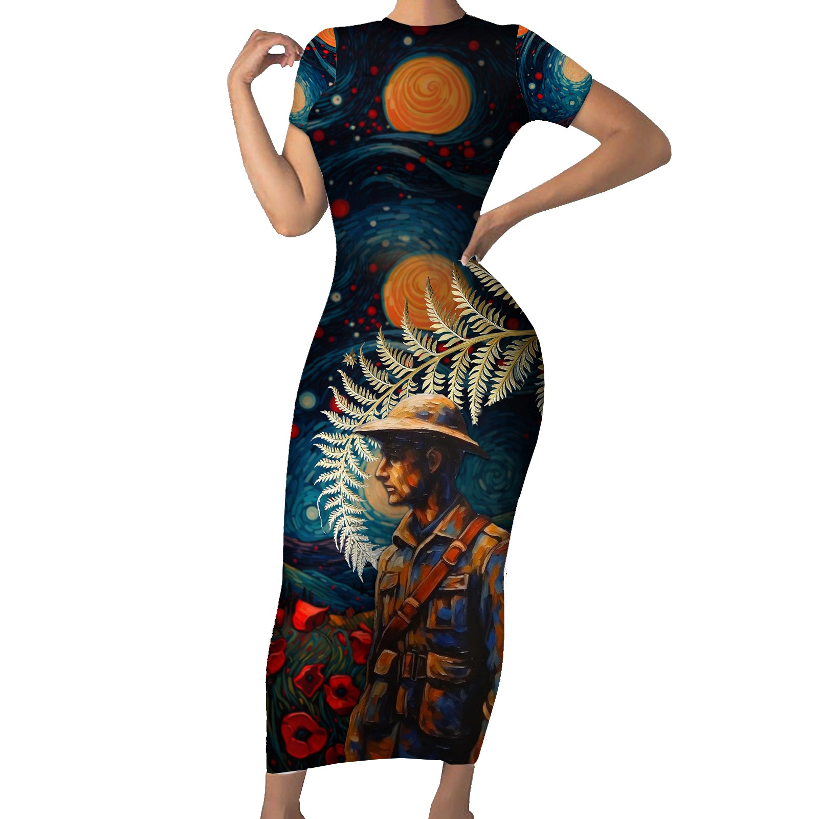 New Zealand Soldier ANZAC Day Short Sleeve Bodycon Dress Silver Fern Starry Night Style