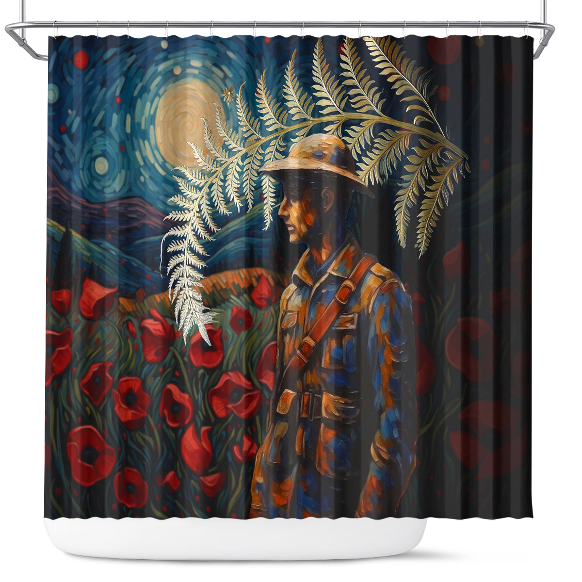 New Zealand Soldier ANZAC Day Shower Curtain Silver Fern Starry Night Style