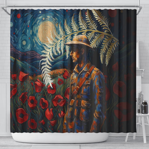 New Zealand Soldier ANZAC Day Shower Curtain Silver Fern Starry Night Style