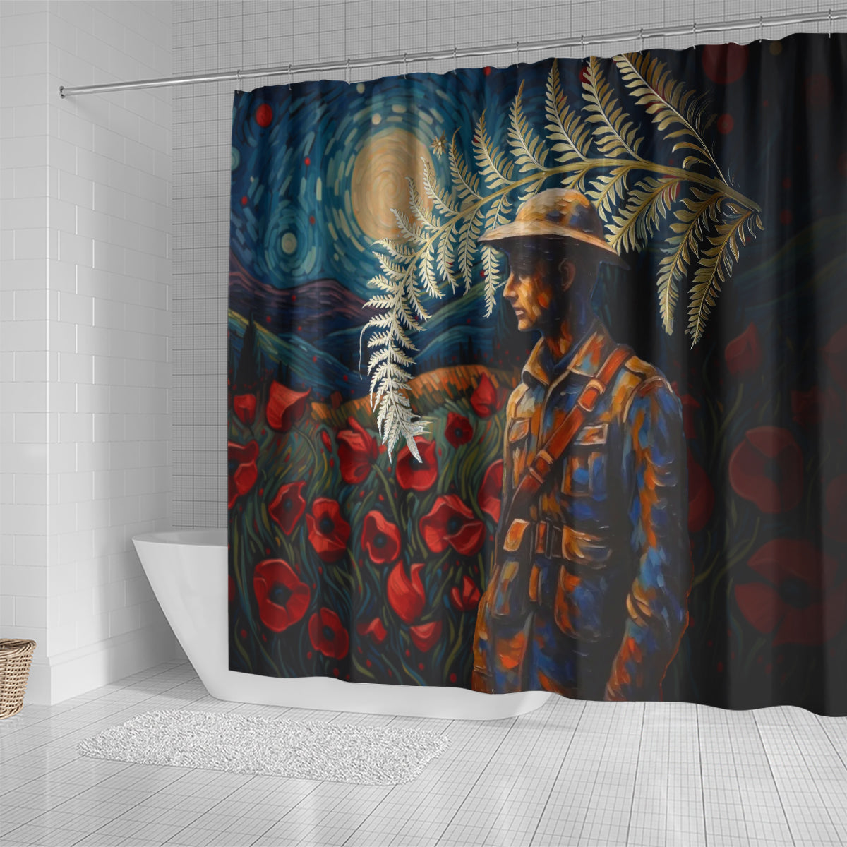 New Zealand Soldier ANZAC Day Shower Curtain Silver Fern Starry Night Style