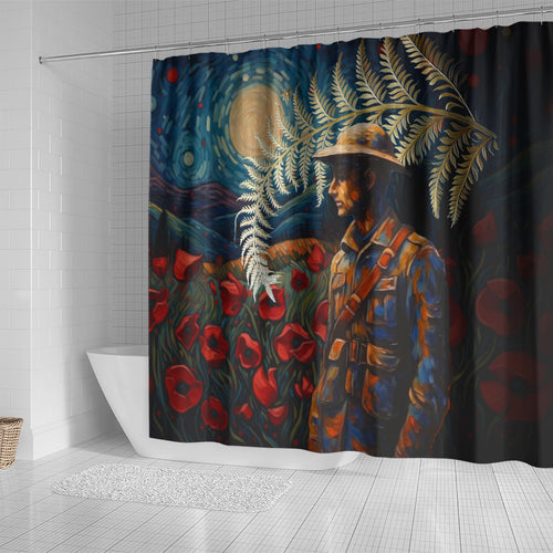 New Zealand Soldier ANZAC Day Shower Curtain Silver Fern Starry Night Style