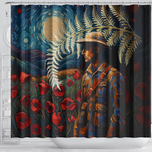 New Zealand Soldier ANZAC Day Shower Curtain Silver Fern Starry Night Style