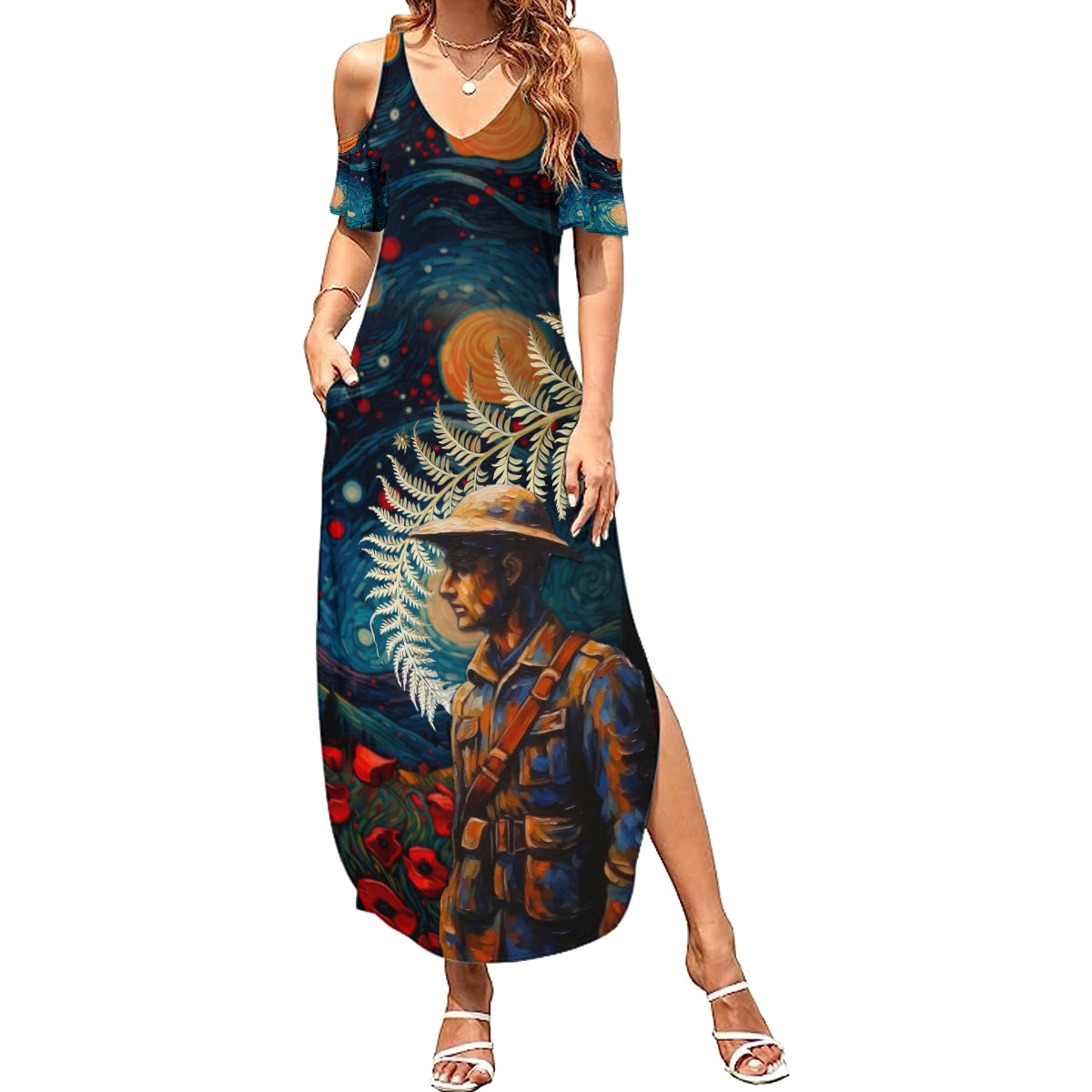 New Zealand Soldier ANZAC Day Summer Maxi Dress Silver Fern Starry Night Style