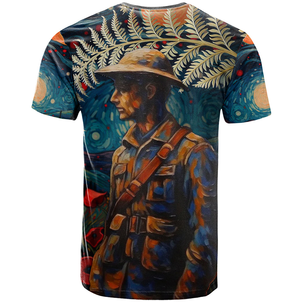 New Zealand Soldier ANZAC Day T Shirt Silver Fern Starry Night Style