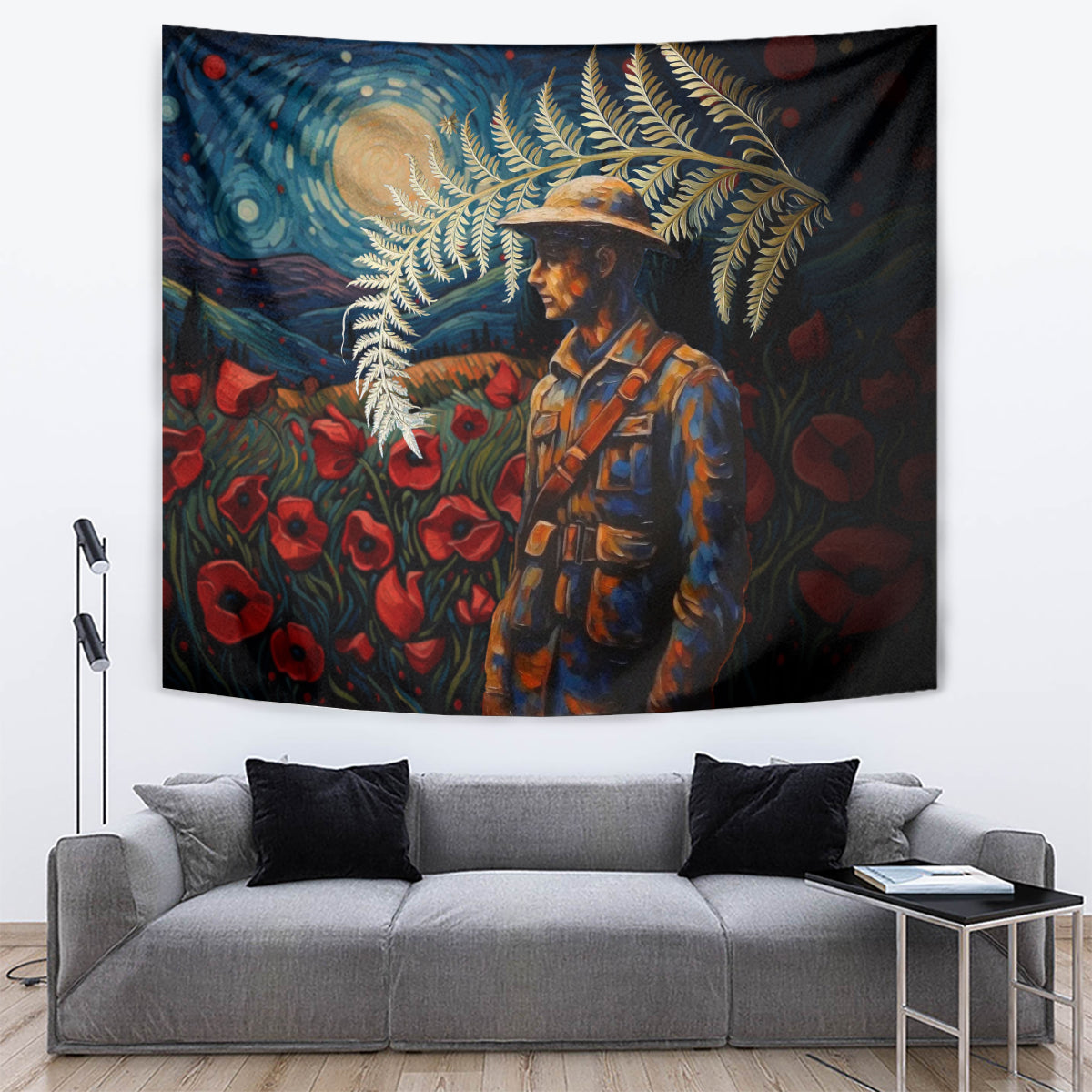 New Zealand Soldier ANZAC Day Tapestry Silver Fern Starry Night Style