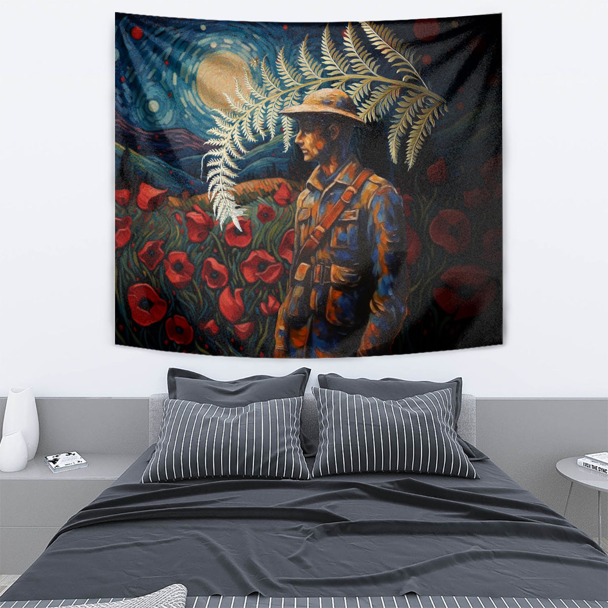 New Zealand Soldier ANZAC Day Tapestry Silver Fern Starry Night Style