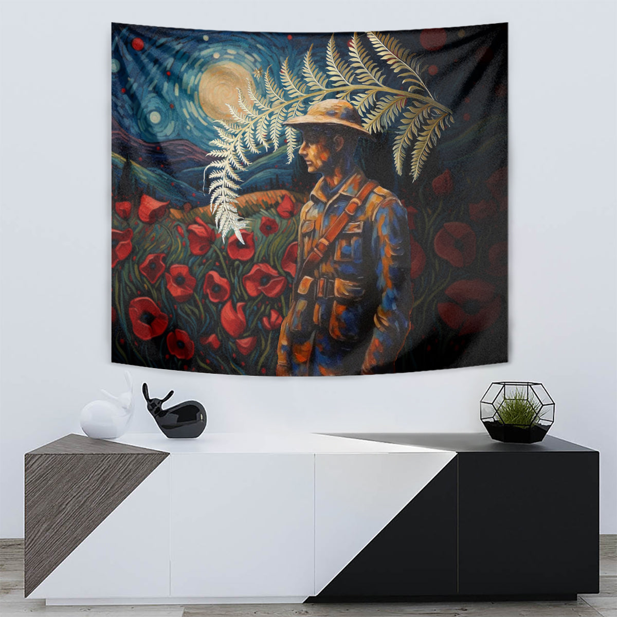 New Zealand Soldier ANZAC Day Tapestry Silver Fern Starry Night Style