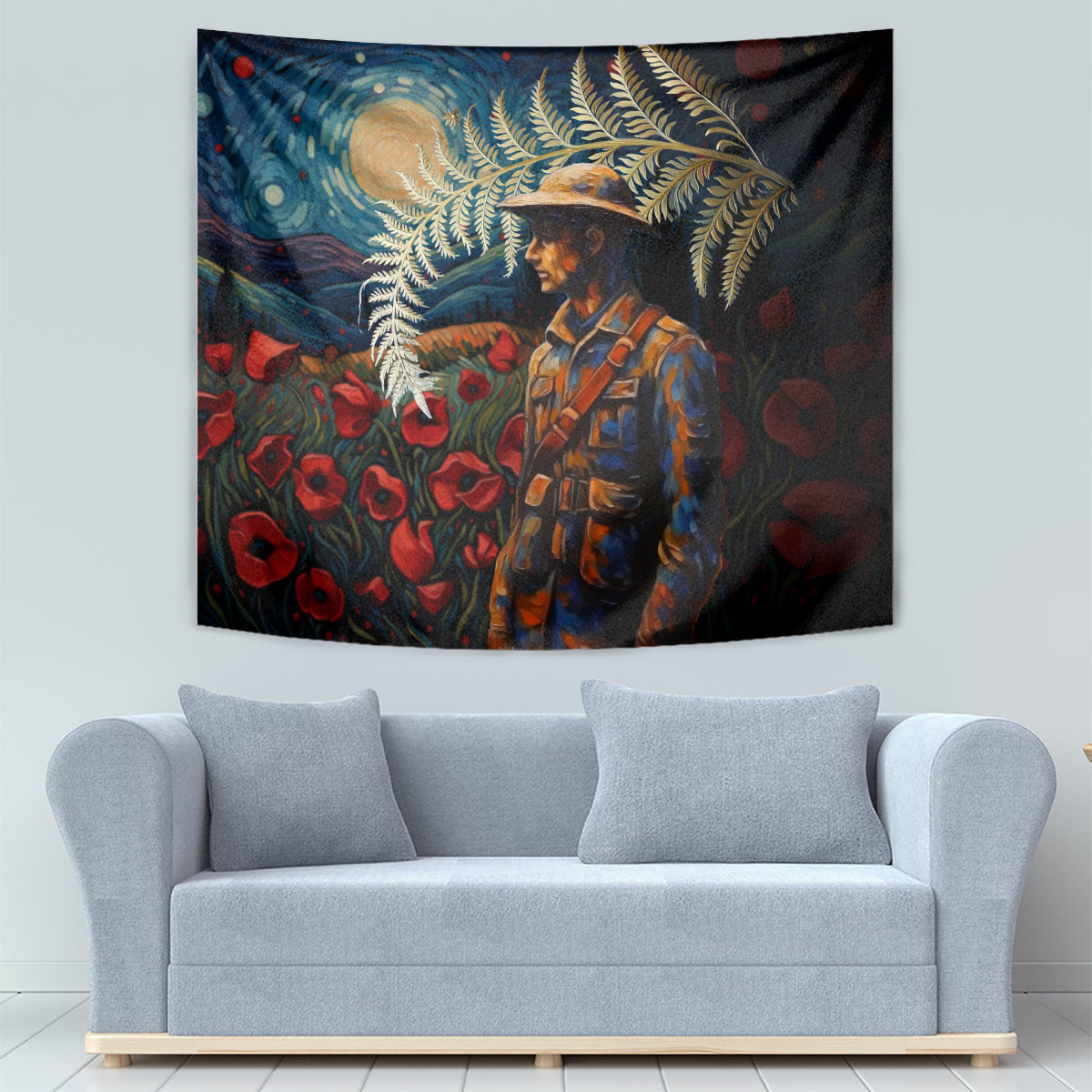 New Zealand Soldier ANZAC Day Tapestry Silver Fern Starry Night Style