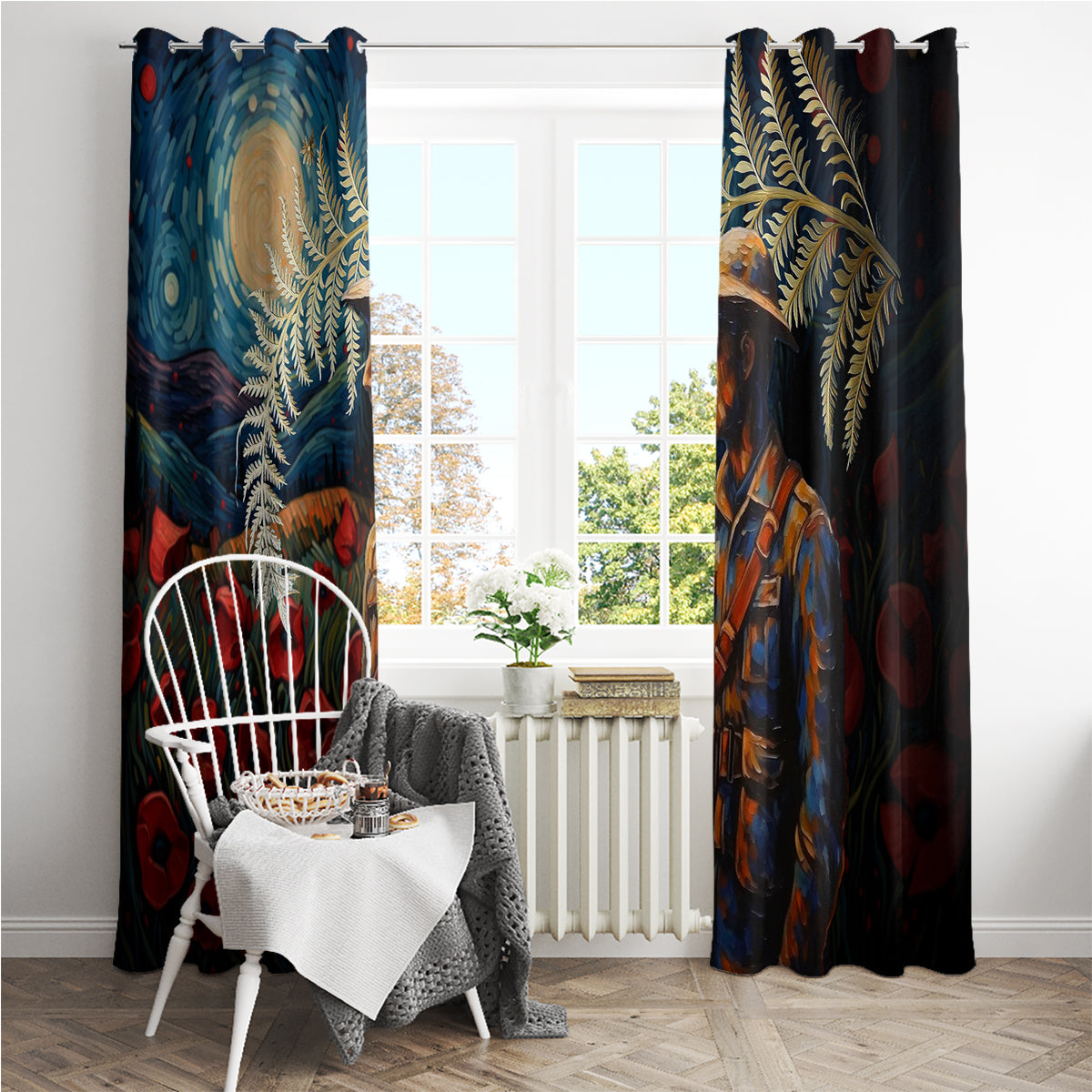 New Zealand Soldier ANZAC Day Window Curtain Silver Fern Starry Night Style