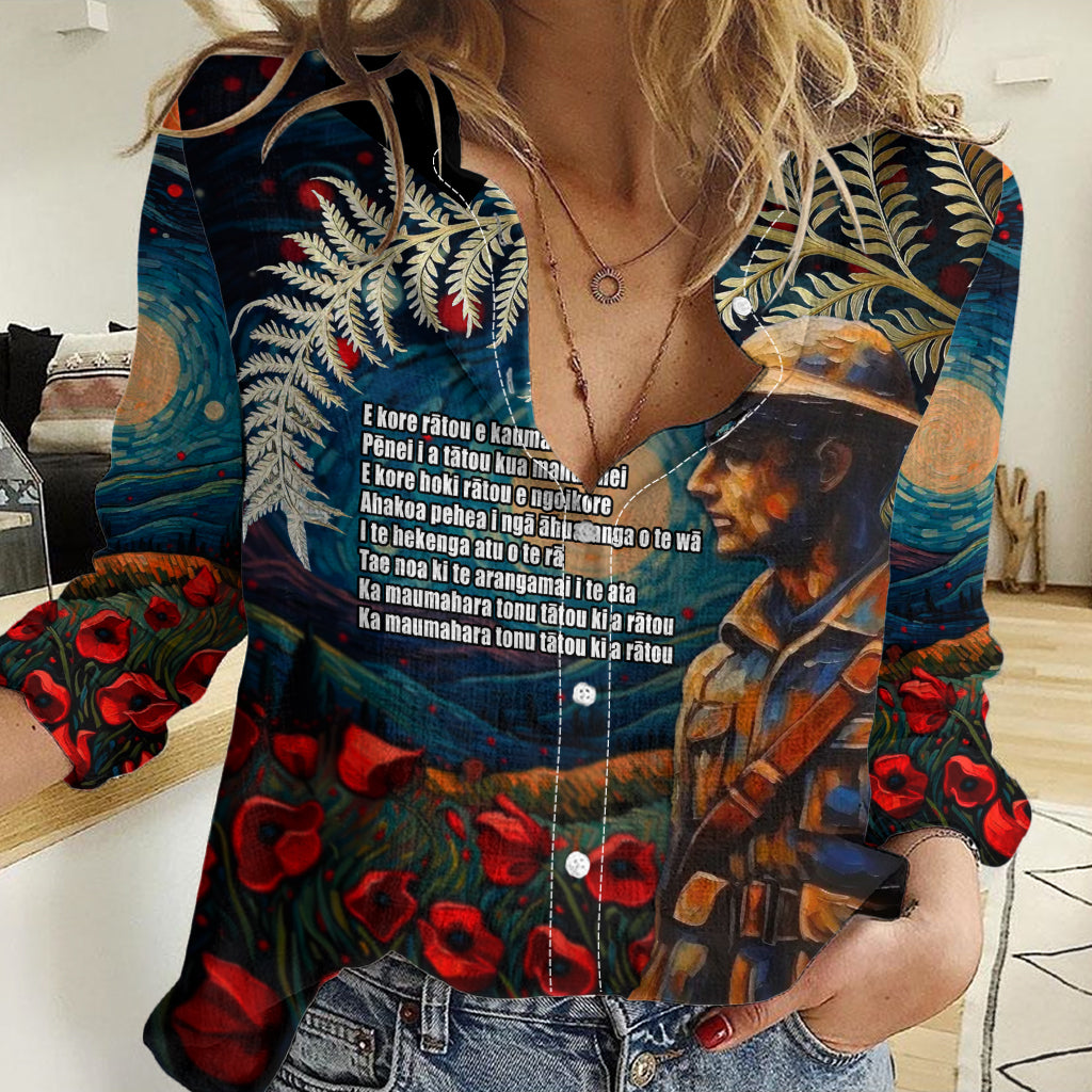 New Zealand Soldier ANZAC Day Women Casual Shirt Silver Fern Starry Night Style