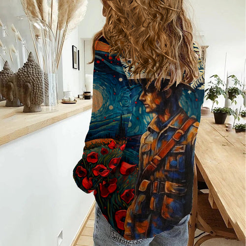 New Zealand Soldier ANZAC Day Women Casual Shirt Silver Fern Starry Night Style