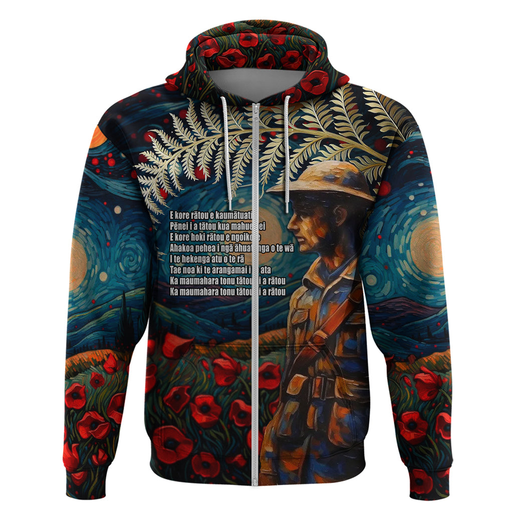 New Zealand Soldier ANZAC Day Zip Hoodie Silver Fern Starry Night Style