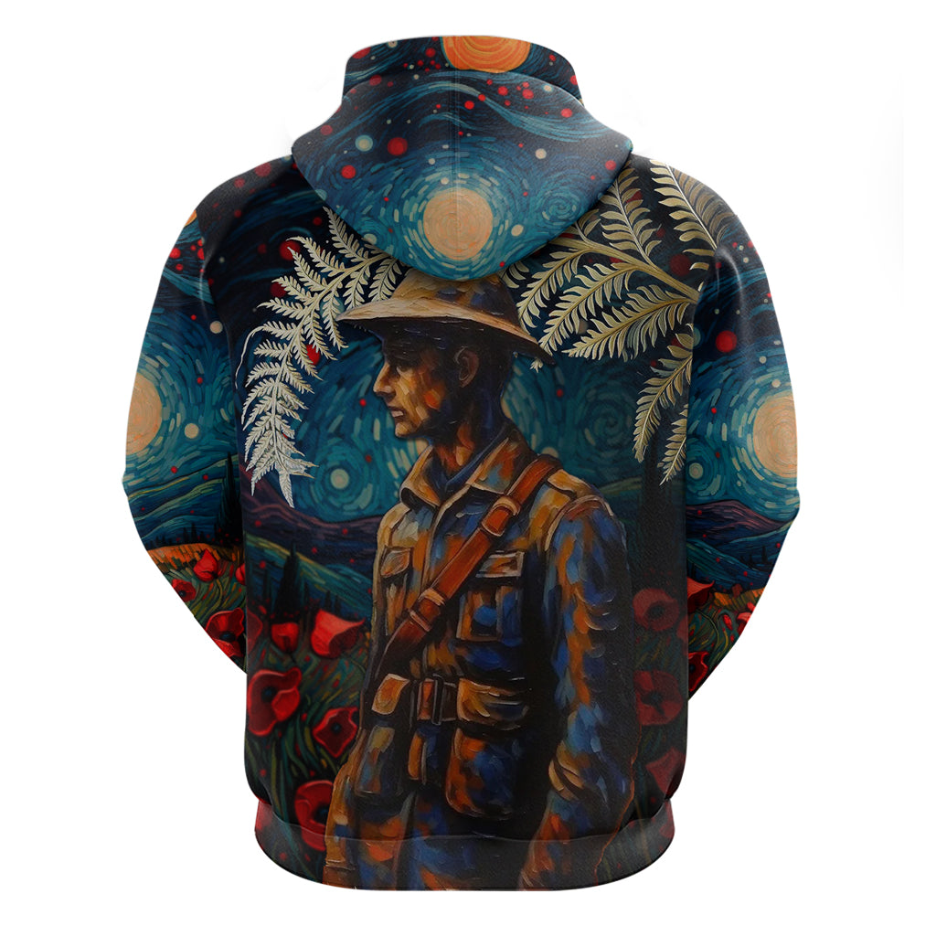 New Zealand Soldier ANZAC Day Zip Hoodie Silver Fern Starry Night Style