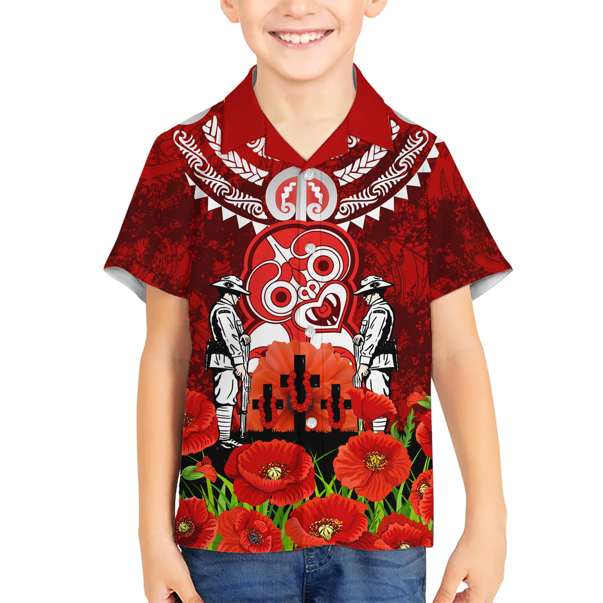 New Zealand ANZAC Waitangi Day Kid Hawaiian Shirt Hei Tiki and Soldier