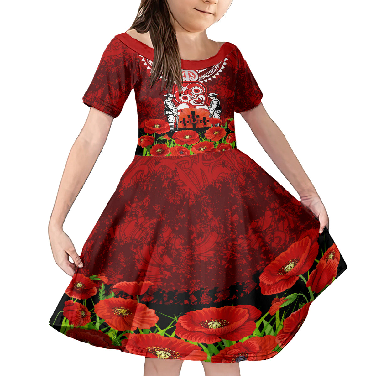 New Zealand ANZAC Waitangi Day Kid Short Sleeve Dress Hei Tiki and Soldier