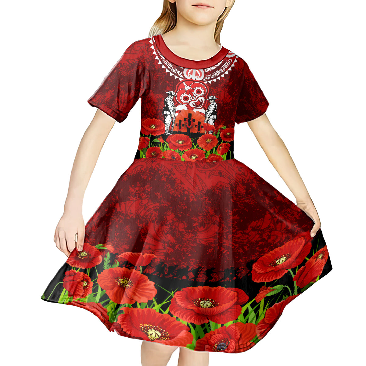 New Zealand ANZAC Waitangi Day Kid Short Sleeve Dress Hei Tiki and Soldier