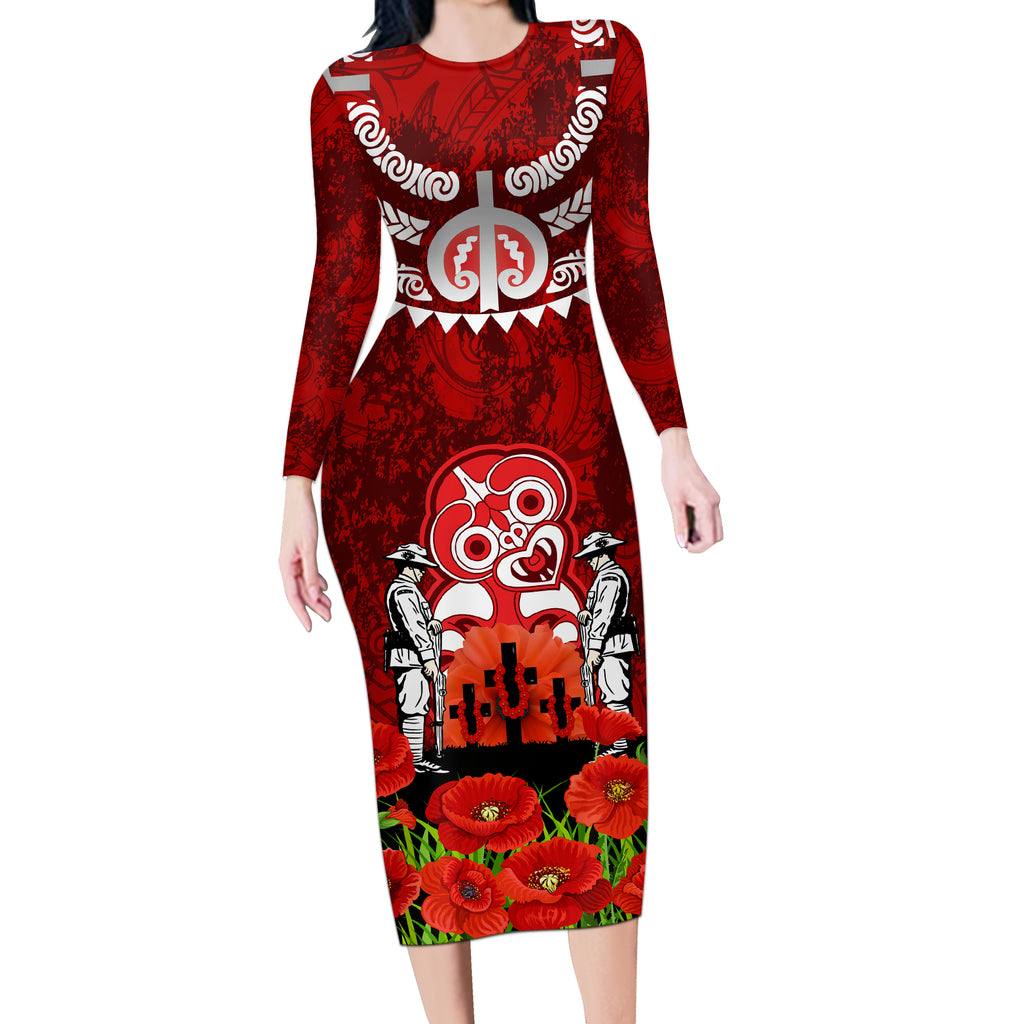 New Zealand ANZAC Waitangi Day Long Sleeve Bodycon Dress Hei Tiki and Soldier