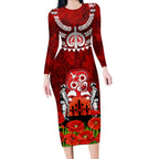 New Zealand ANZAC Waitangi Day Long Sleeve Bodycon Dress Hei Tiki and Soldier